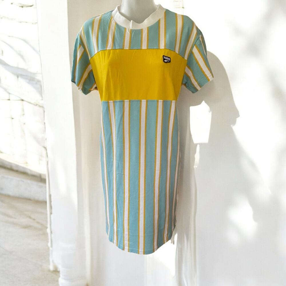 Puma Light Blue And Yellow Striped Day Dress Embroidered Logo Summer Size Large